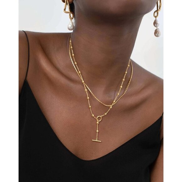 🆕 Women Gold Toggle Clasp Necklace 14K Stack T-Bar Herringbone Chain Jewelry - Picture 2 of 7